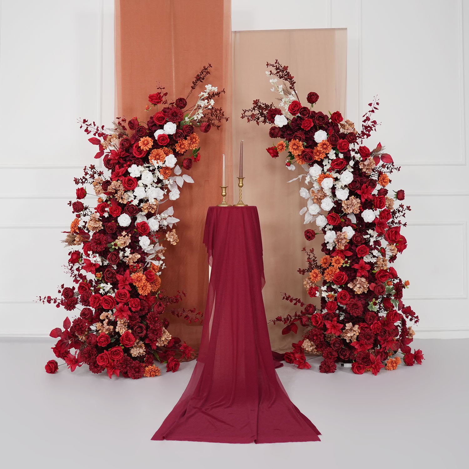Uflower Autumn Red Rose Floral Arrangement Horn Arch Wedding Backdrop Decor